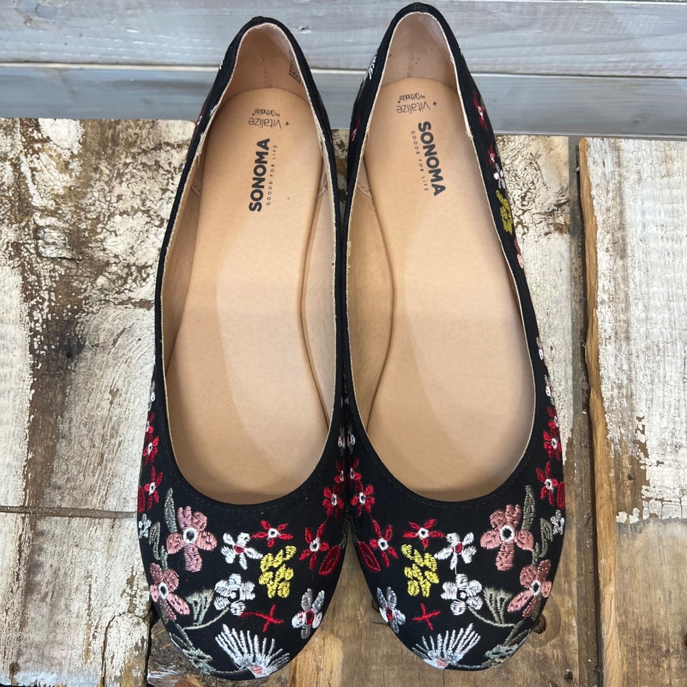 Sonoma Black Embroidered Floral Round Toe Ballet Flats Boho Folk 9.5 - Picture 7 of 9